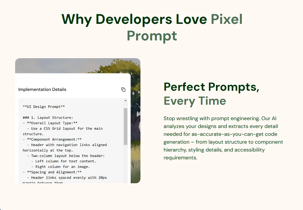 Image showing implementation details for creating "Perfect Prompts, Every Time" in the Pixel Prompt AI design tool, using CSS-like syntax.