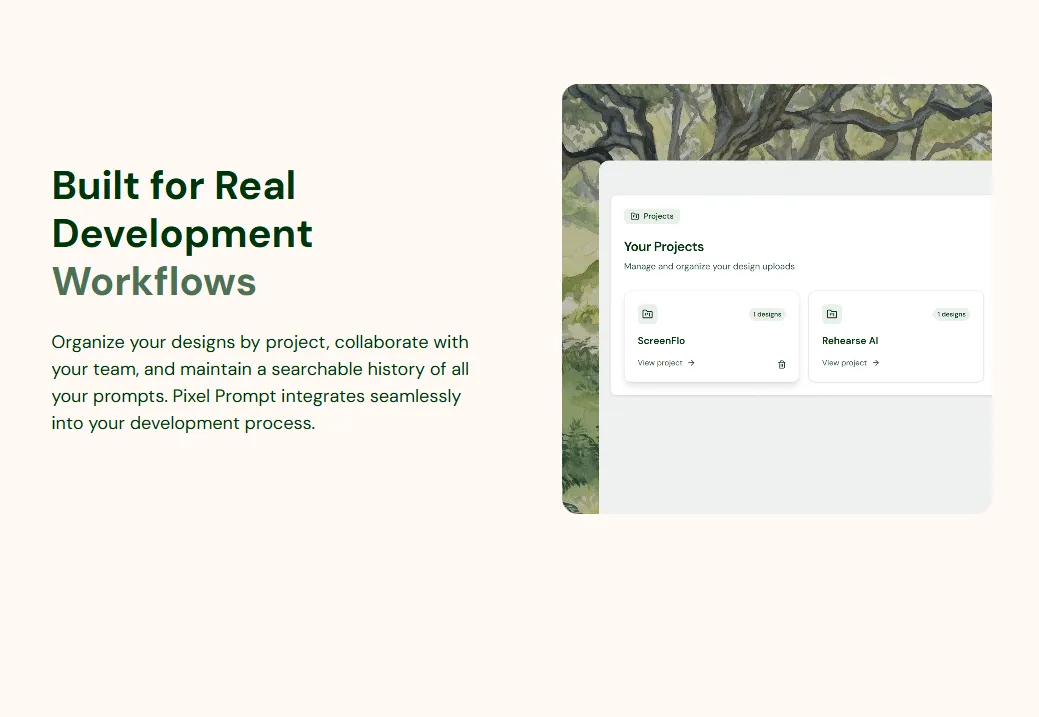 UI showing Pixel Prompt tool for organizing designs by project, collaborating with team, and maintaining searchable history of prompts.