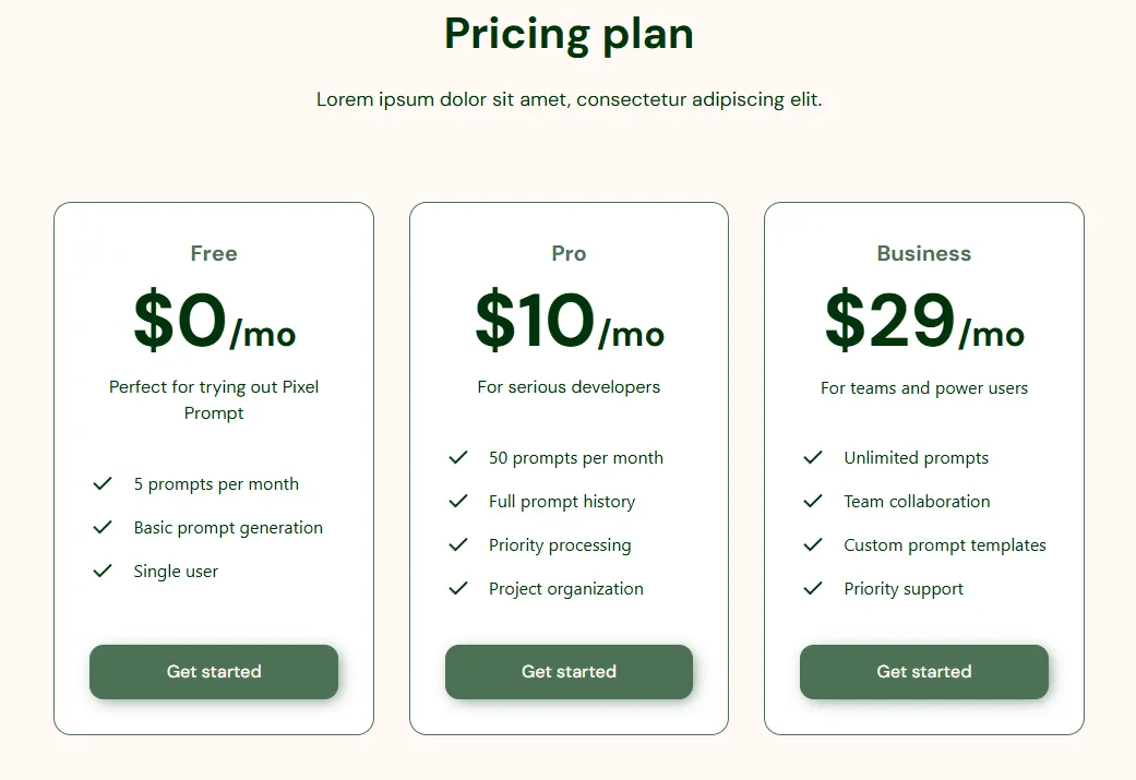 Pricing plan table showing free, pro, and business tiers for an AI prompt service, with varying features and monthly costs.