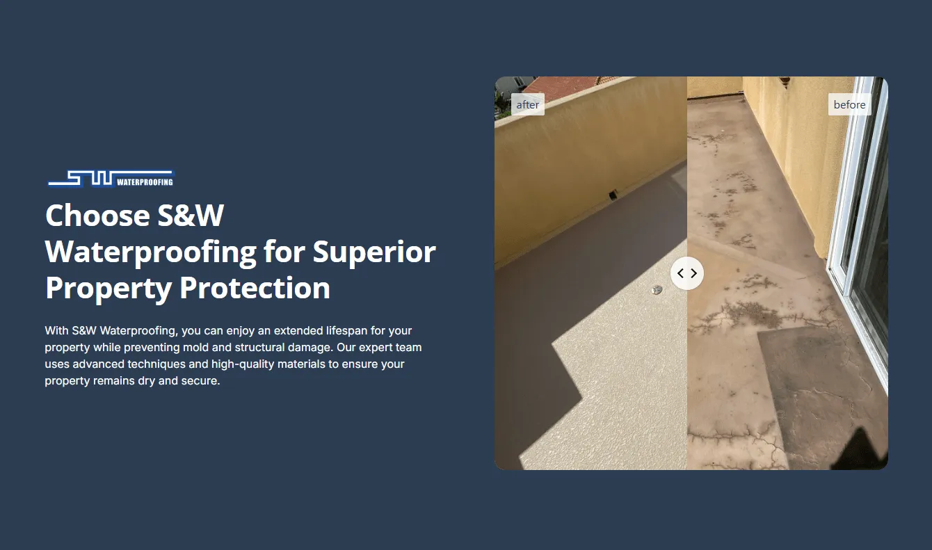 Before and after images showing successful waterproofing of a balcony floor using S&W Waterproofing techniques and materials.