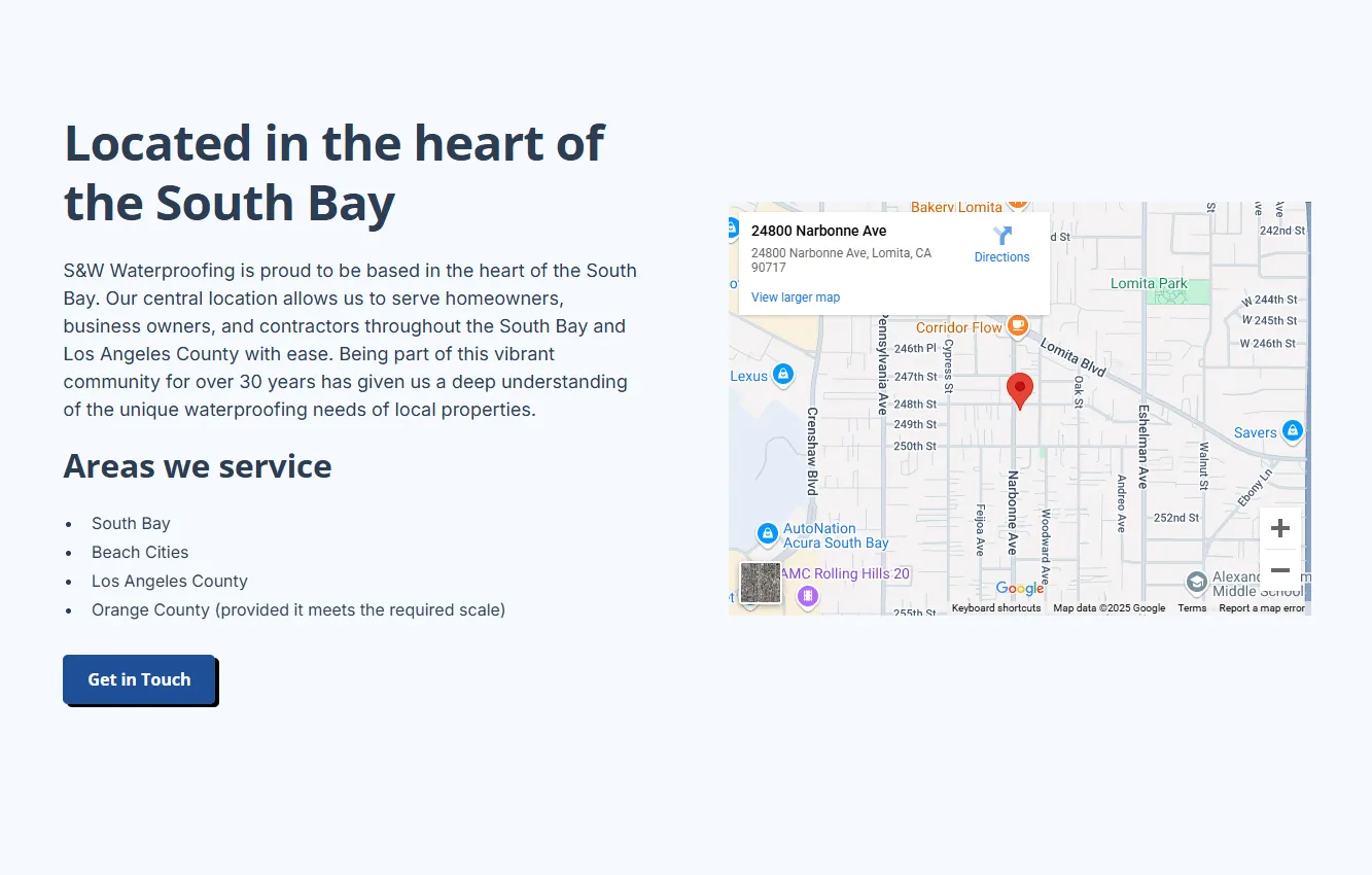 Map showing S&W Waterproofing located in the South Bay area of Los Angeles, serving homeowners and businesses for over 30 years.