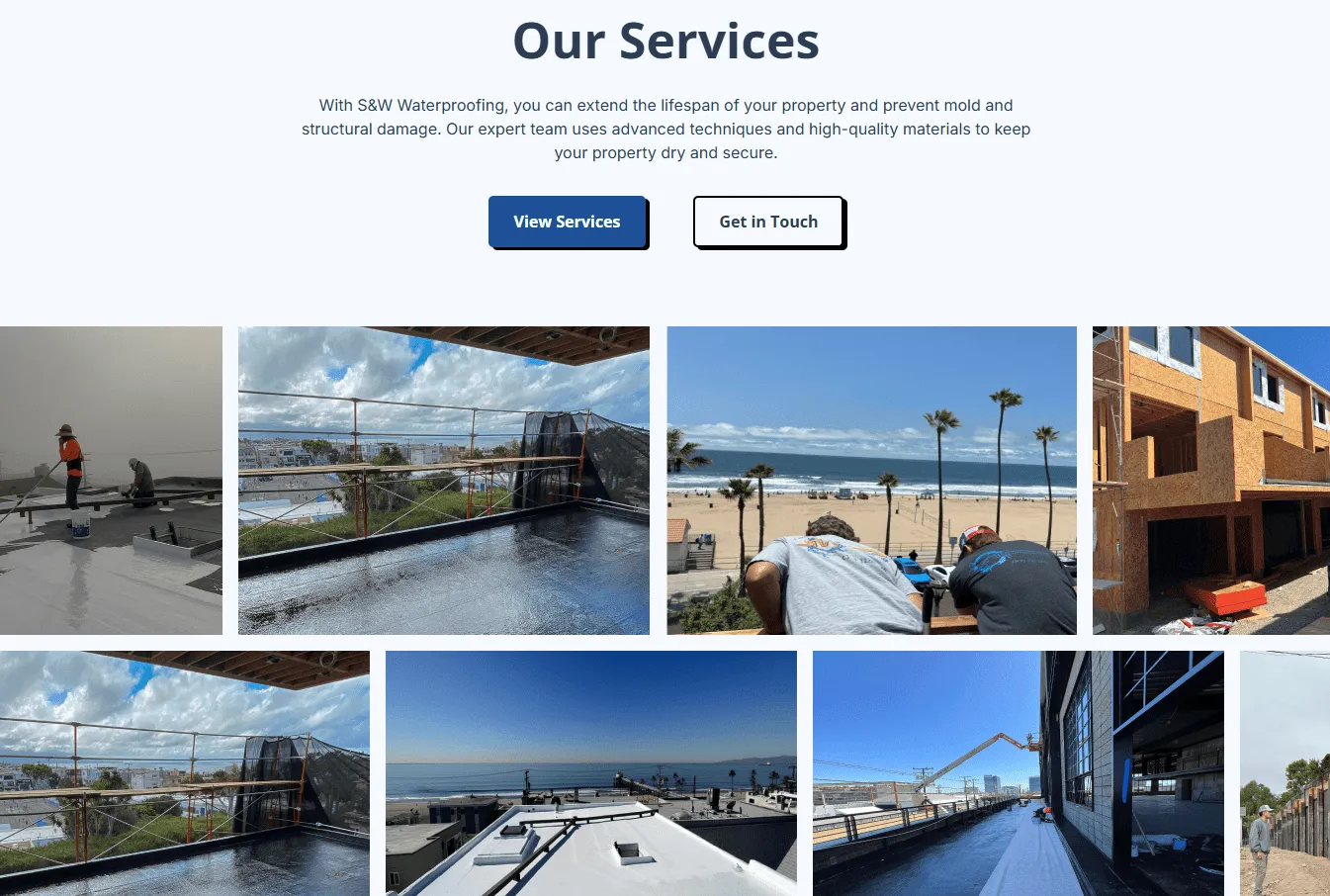 S&W Waterproofing services collage showing construction work on a beachfront property including roof installation and balcony repairs.