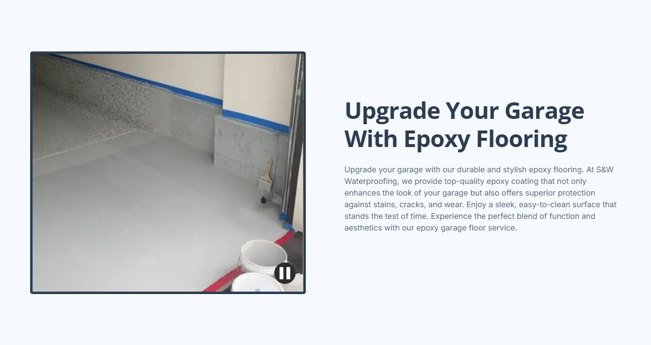 Epoxy garage flooring with red and blue taped edges and a paint roller, with advertising text promoting the epoxy coating service.