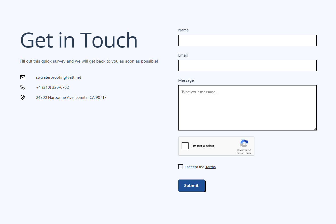 Contact form titled "Get in Touch" with fields for name, email, message, and a reCAPTCHA checkbox. Submit button at bottom.