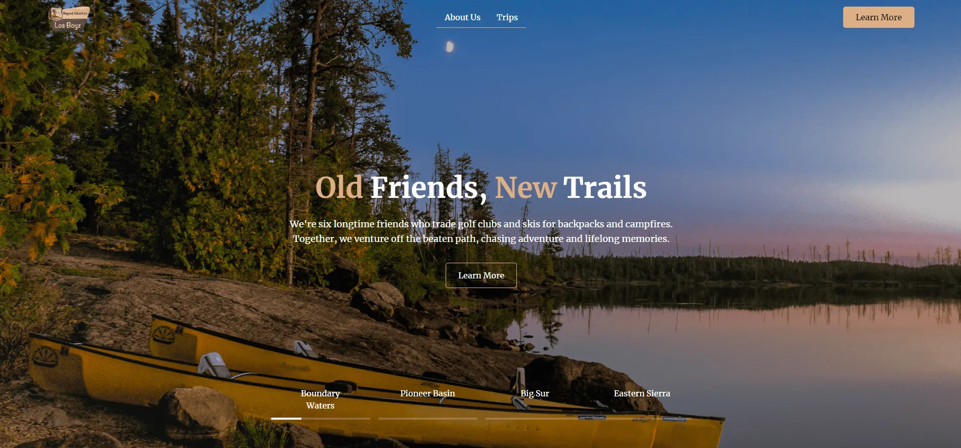 Canoes on a rocky shore by a lake at dusk, with forest and moon in the background, advertising outdoor adventure trips.