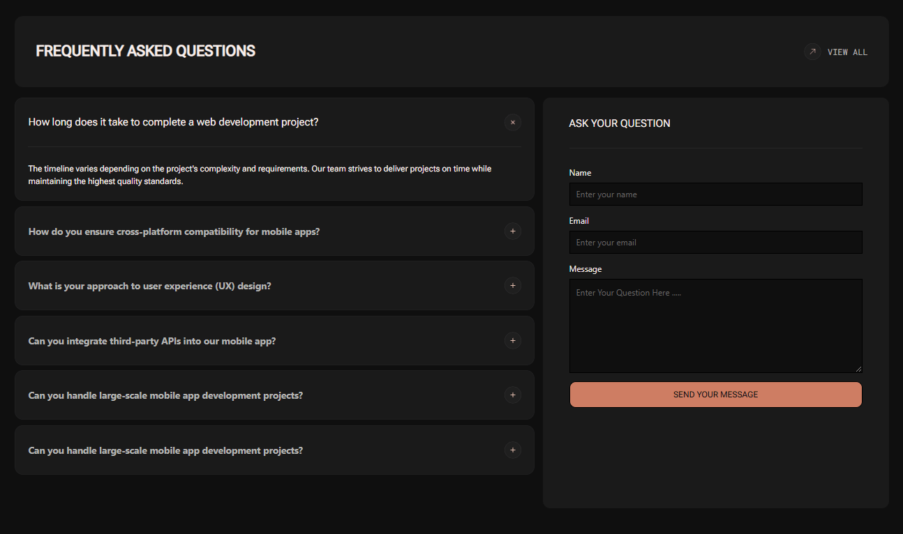 FAQ page with list of web and mobile app development questions, name and email fields, and send message button.
