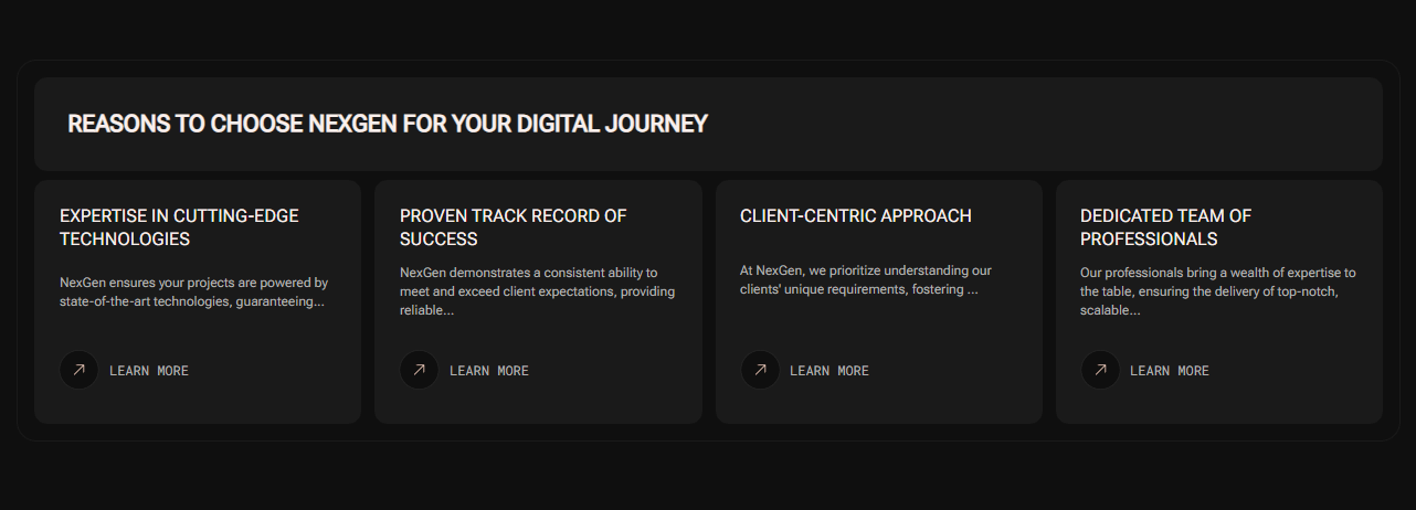 Reasons to choose NexGen: expertise in cutting-edge technologies, proven track record of success, client-centric approach, and dedicated team of professionals.