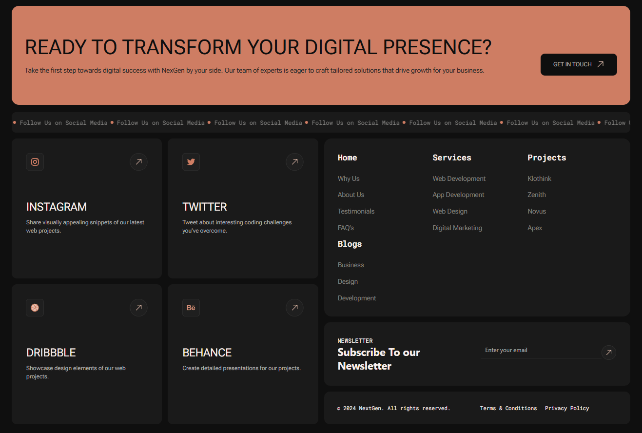 Orange banner promoting digital transformation services from NexGen, with navigation menu listing company's offerings and projects below.