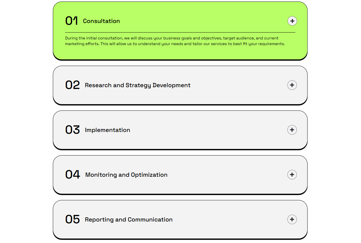 Green rounded rectangle buttons labeled 01 through 05 listing consultation, research, implementation, optimization, and reporting steps.