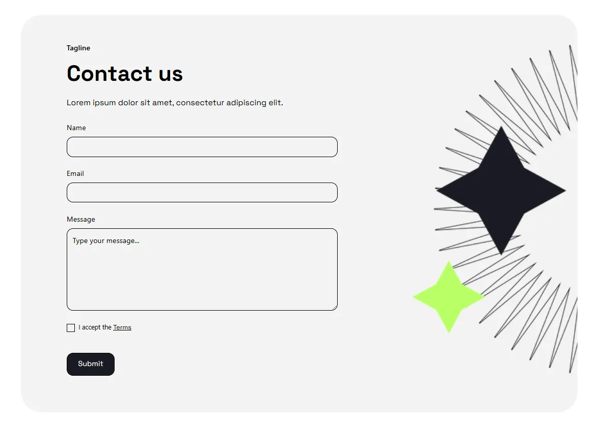 Black, green and gray contact us web form with name, email and message fields and abstract geometric shapes.